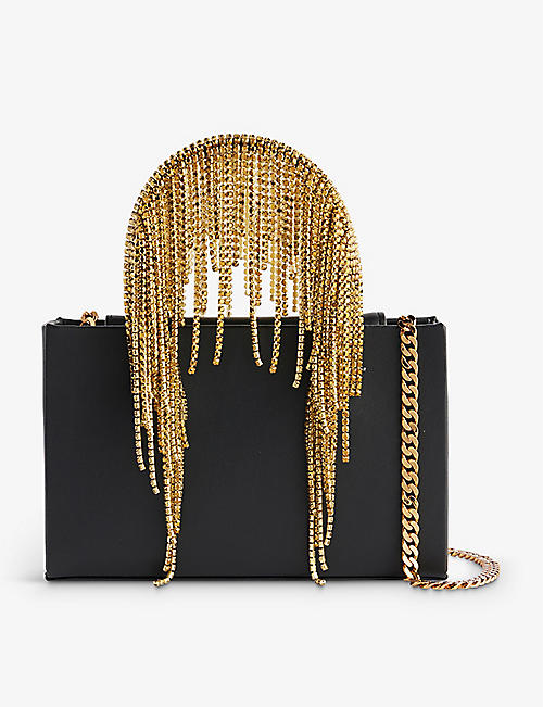 KARA: Crystal-embellished fringed leather top-handle bag