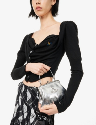 Frame metallic faux-leather top-handle bag