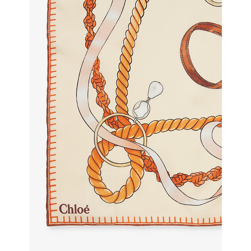 Shop Chloé Chloe Quiet Beige Graphic-print Branded Silk Scarf