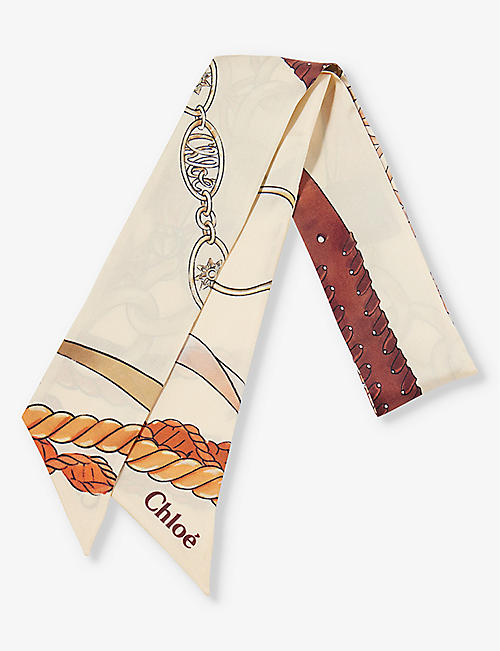 CHLOE: Graphic-print branded silk bandeau scarf 116cm x 7cm