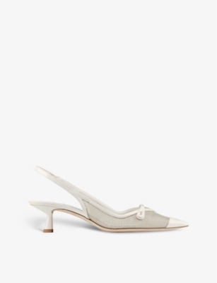 Jimmy Choo Amita 45 Leather And Mesh Slingback Heels In Latte/champagne ...