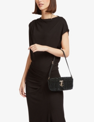 Shop Jimmy Choo Avenue Mini Satin Shoulder Bag In Black/light Gold