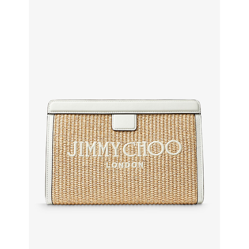 Jimmy Choo Avenue Logo-embroidered Raffia Pouch In Natural/latte