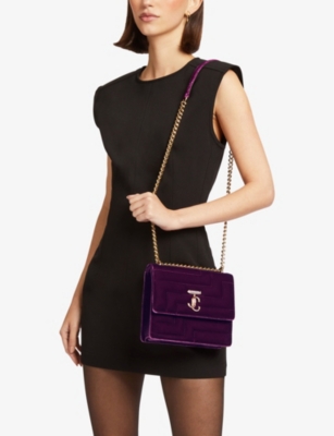 Shop Jimmy Choo Avenue Quad Velvet Shoulder Bag In Berry/gold