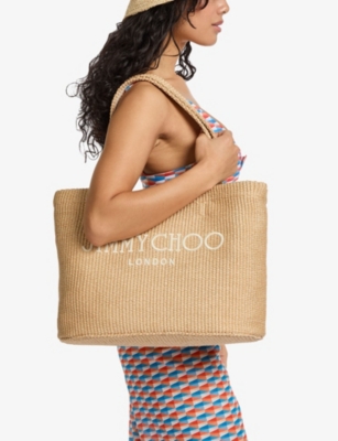JIMMY CHOO: Beach logo-embroidered raffia tote bag