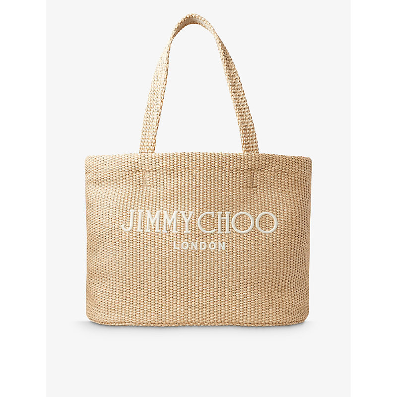Shop Jimmy Choo Women's Natural/latte Beach Logo-embroidered Raffia Tote Bag