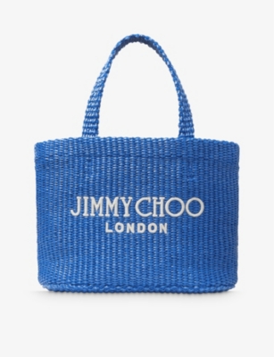 Shop Jimmy Choo Sky/latte Beach Mini Raffia Tote Bag