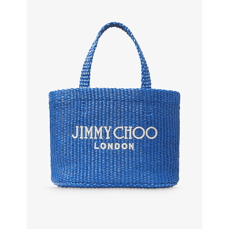 Shop Jimmy Choo Sky/latte Beach Mini Raffia Tote Bag