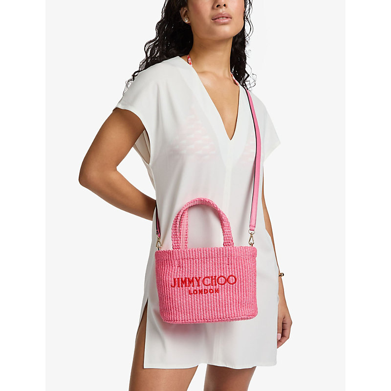 Shop Jimmy Choo Women's Candy Pink/paprika Beach Mini Raffia Tote Bag