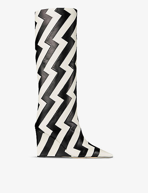 JIMMY CHOO: Blake 85 geometric-pattern leather wedge knee-high boots