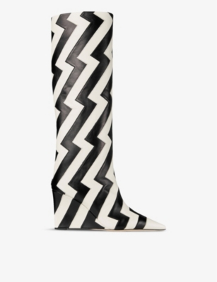 JIMMY CHOO JIMMY CHOO WOMEN'S LATTE/BLACK BLAKE 85 GEOMETRIC-PATTERN LEATHER WEDGE KNEE-HIGH BOOTS