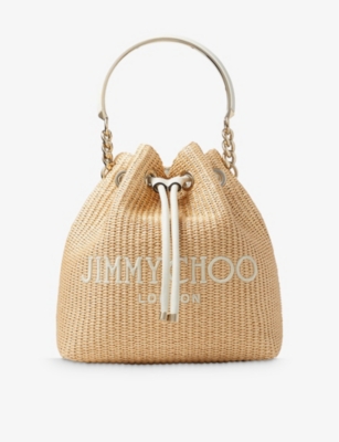 Shop Jimmy Choo Nat/lat/gold Bon Bon Logo-embroidered Raffia Bucket Bag