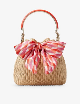 JIMMY CHOO Bon Bon small bow embellished raffia bucket bag Selfridges