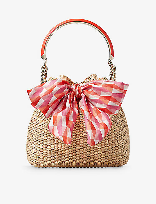 JIMMY CHOO: Bon Bon small bow-embellished raffia bucket bag