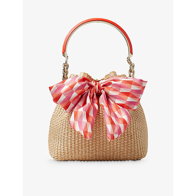 Jimmy Choo Bon Bon Small Bow-embellished Raffia Bucket Bag In Nat/pap/candy Pink
