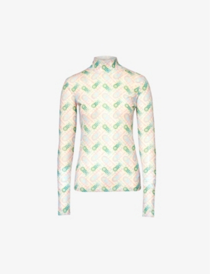 CASABLANCA: Branded-print long-sleeved stretch-recycled polyester mesh top