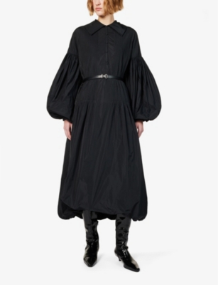 Shop Jil Sander Women's Black Pleated Detachable-belt Woven Midi Dress