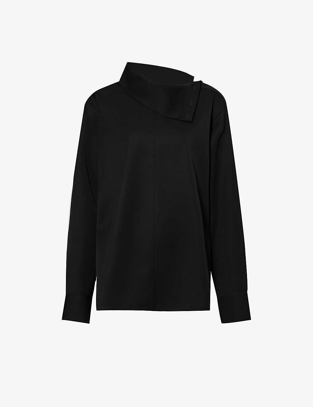 Jil Sander Womens Black Box-pleated Curved-hem Wool Shirt