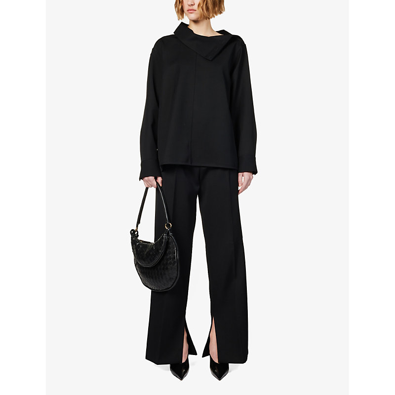 Shop Jil Sander Women's Black Split-hem Straight-leg High-rise Wool Trousers
