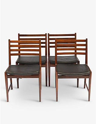 VINTERIOR: 中古 60 年代 Søren Willadsen 玫瑰木和皮革餐椅四件装