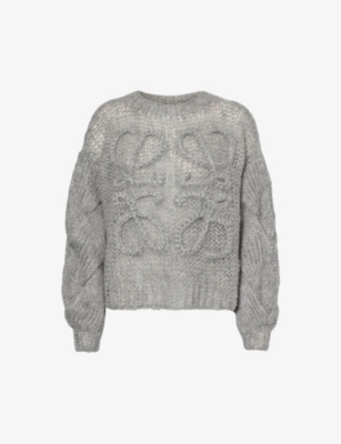 Loewe Womens Grey Melange Anagram-pattern Dropped-shoulder Wool-blend Knitted Jumper