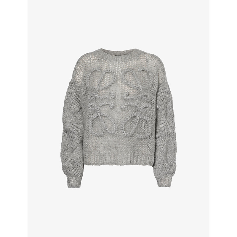 Loewe Womens Grey Melange Anagram-pattern Dropped-shoulder Wool-blend Knitted Jumper