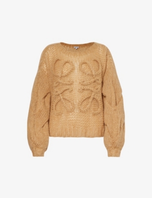 LOEWE LOEWE WOMEN'S LIGHT CAMEL ANAGRAM-PATTERN DROPPED-SHOULDER WOOL-BLEND KNITTED JUMPER