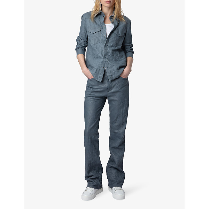 Shop Zadig & Voltaire Zadig&voltaire Women's Light Blue Pistol High-rise Flared Crinkled-leather Trousers
