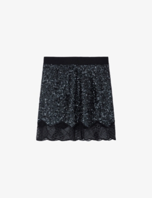 Zadig & Voltaire Justicia Sequin-embellished Lace-trim Skirt In Noir