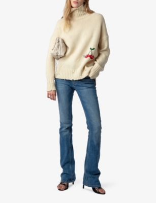 Shop Zadig & Voltaire Zadig&voltaire Womens Vanille Bleeza Cherry-embroidered Relaxed-fit Wool Jumper