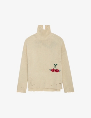 Shop Zadig & Voltaire Zadig&voltaire Women's Vanille Bleeza Cherry-embroidered Relaxed-fit Wool Jumper