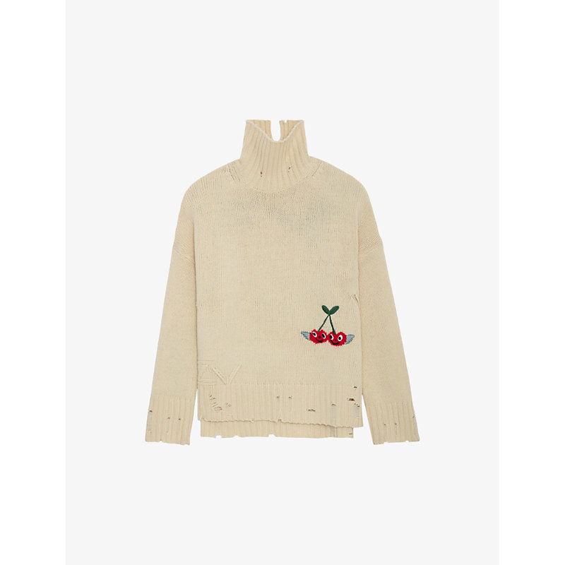 Shop Zadig & Voltaire Zadig&voltaire Women's Vanille Bleeza Cherry-embroidered Relaxed-fit Wool Jumper
