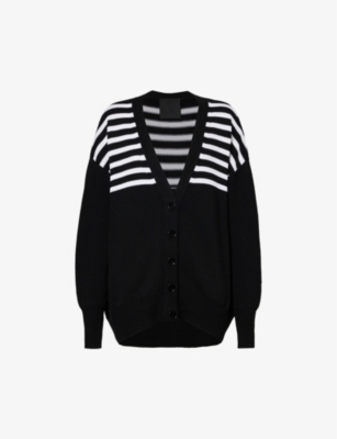 Shop Givenchy Women's Black Logo-appliqué Striped Wool And Cotton-blend Knitted Cardigan