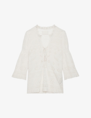 Shop Zadig & Voltaire Zadig&voltaire Women's Ecru Taho Tie-up Openwork Cotton Jumper