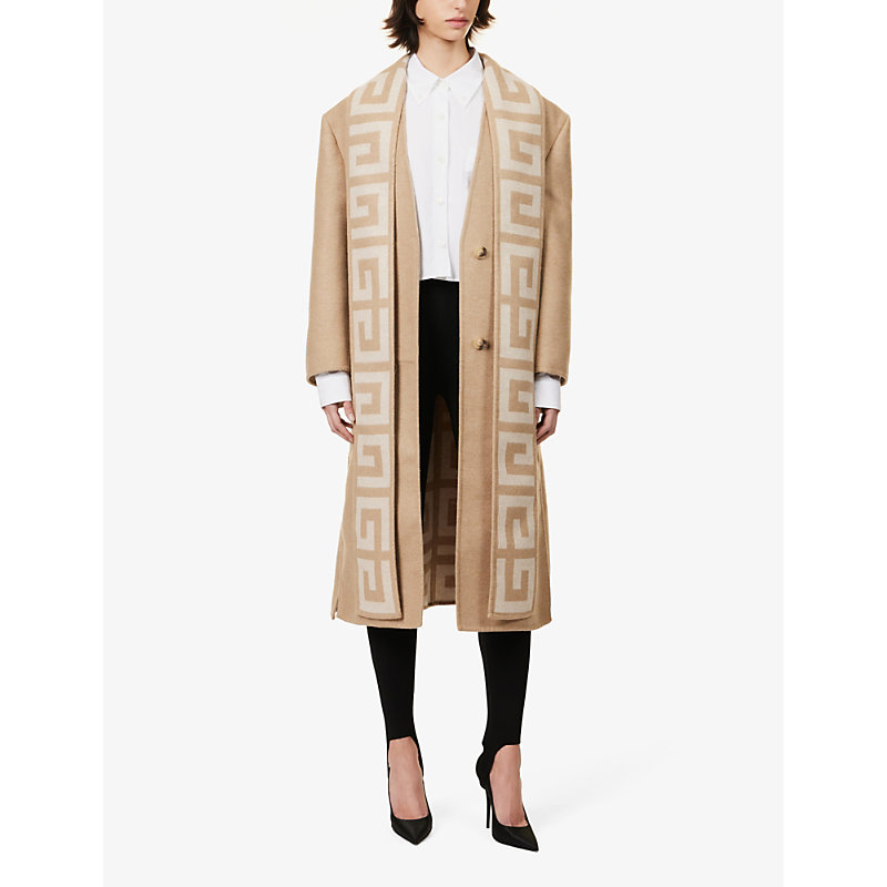 Shop Givenchy Women's Hazel Beige Branded-panel Relaxed-fit Wool And Silk-blend Coat