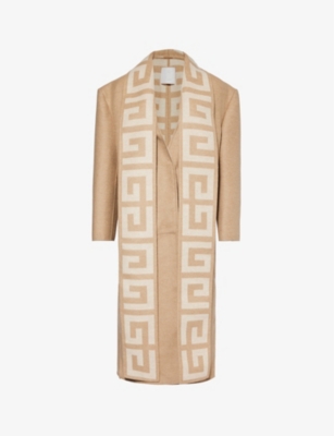 GIVENCHY GIVENCHY WOMEN'S HAZEL BEIGE BRANDED-PANEL RELAXED-FIT WOOL AND SILK-BLEND COAT