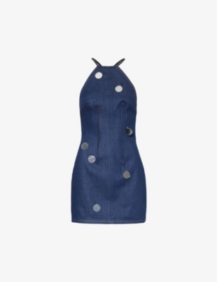 David Koma Womens Blue Mirrored-embellishments Mid-wash Denim Mini Dress