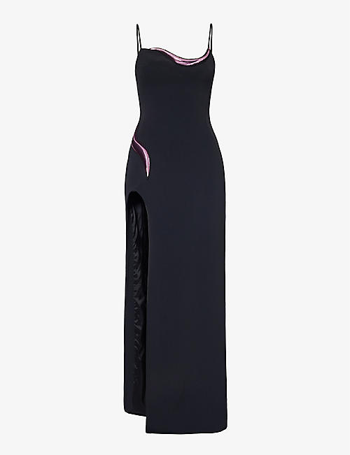 DAVID KOMA: Side-split metallic-trim stretch-woven maxi dress