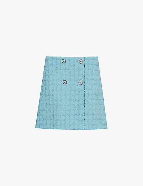 VERSACE: Check-effect wool-blend tweed mini skirt