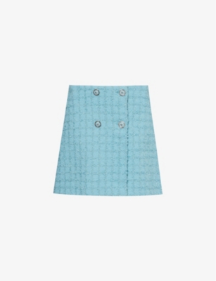 Versace Bouclè Tweed Wrap Mini Skirt In Pale Blue