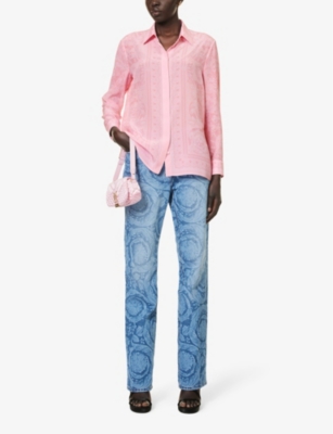 Shop Versace Women's Pale Pink Floral-print Regular-fit Silk Shirt