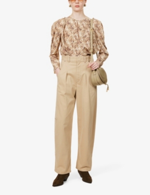 Shop Isabel Marant Women's Beige Lenadi Pleated Relaxed-fit Wide-leg Cotton Trousers