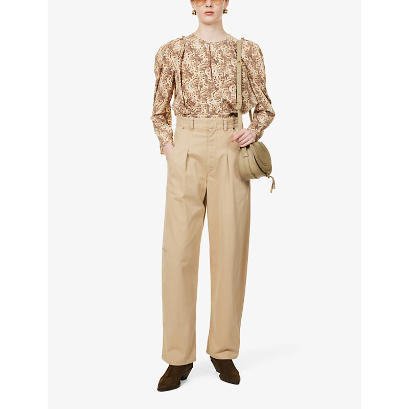 Shop Isabel Marant Lenadi Pleated Relaxed-fit Wide-leg Cotton Trousers In Beige