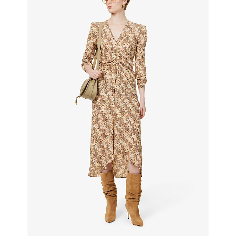 Shop Isabel Marant Womens Natural Abstract-pattern Ruched Stretch-silk Midi Dress In Cream