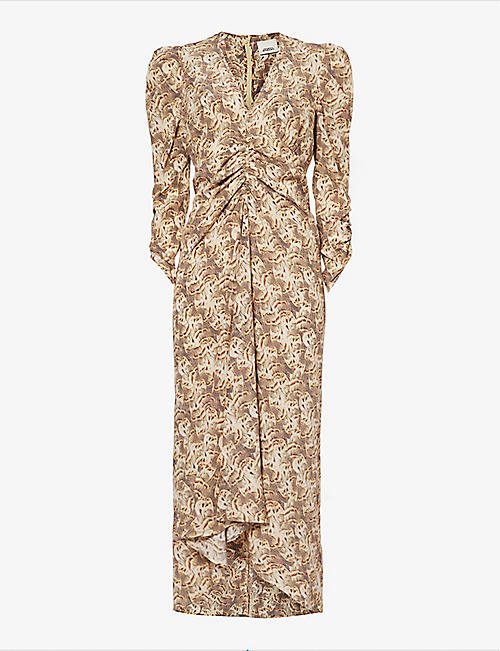 ISABEL MARANT: Abstract-pattern ruched stretch-silk midi dress