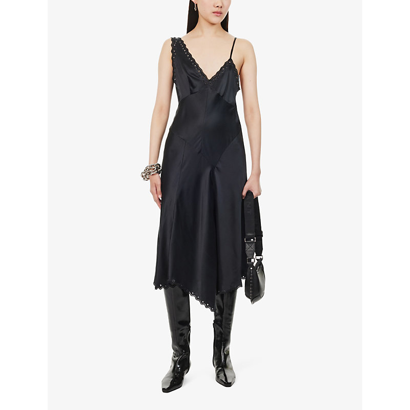 Shop Isabel Marant Women's Black Ayrich Asymmetric Panelled Lace-trim Silk Midi Dress
