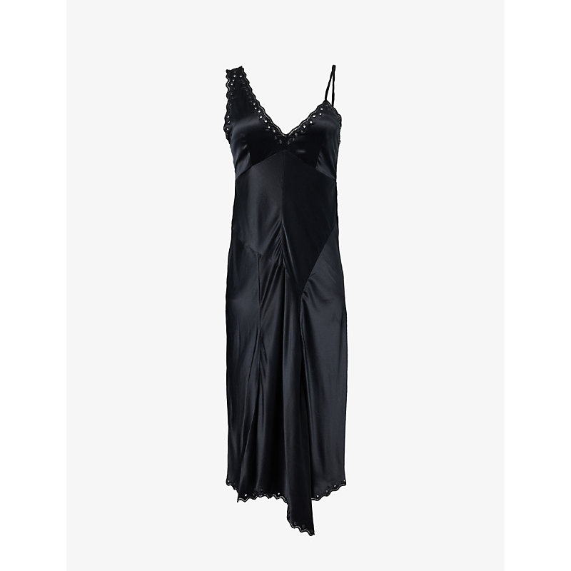 Shop Isabel Marant Ayrich Asymmetric Panelled Lace-trim Silk Midi Dress In Black