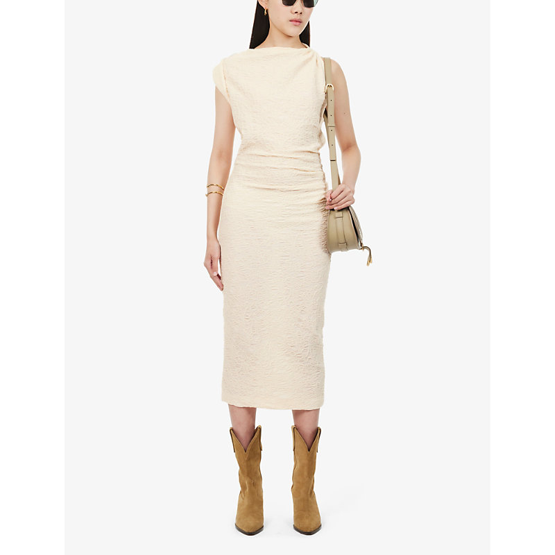 Shop Isabel Marant Women's Ecru Franzy Ruched Cotton-blend Seersucker Midi Dress