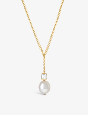 V BY LAURA VANN: Bella 18ct yellow gold-plated recycled sterling-silver, white topaz and baroque pearl pendant necklace