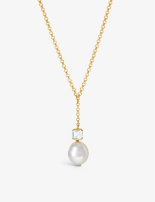 V By Laura Vann Womens Bella 18ct Yellow Gold-plated Sterling-silver, White Topaz And Baroque Pearl Pendant Necklace